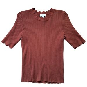 Cavalini Women's Knit Scalloped Short Sleeve Crew Neck Top Rust Small